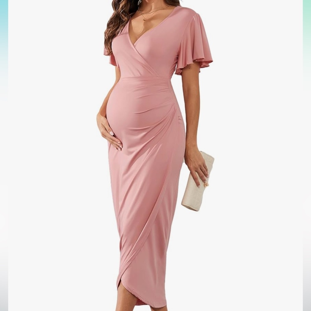 Women's Pink Maternity Semi Formal Wrap Dress V Neck Ruffle Sleeves NWT